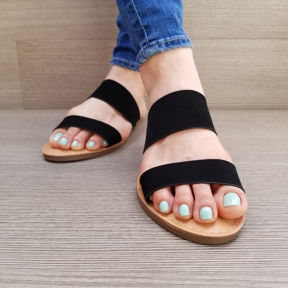 Slip On 2 Strap Flat slider Sandal Black Velvet-C - Picture 4 of 8